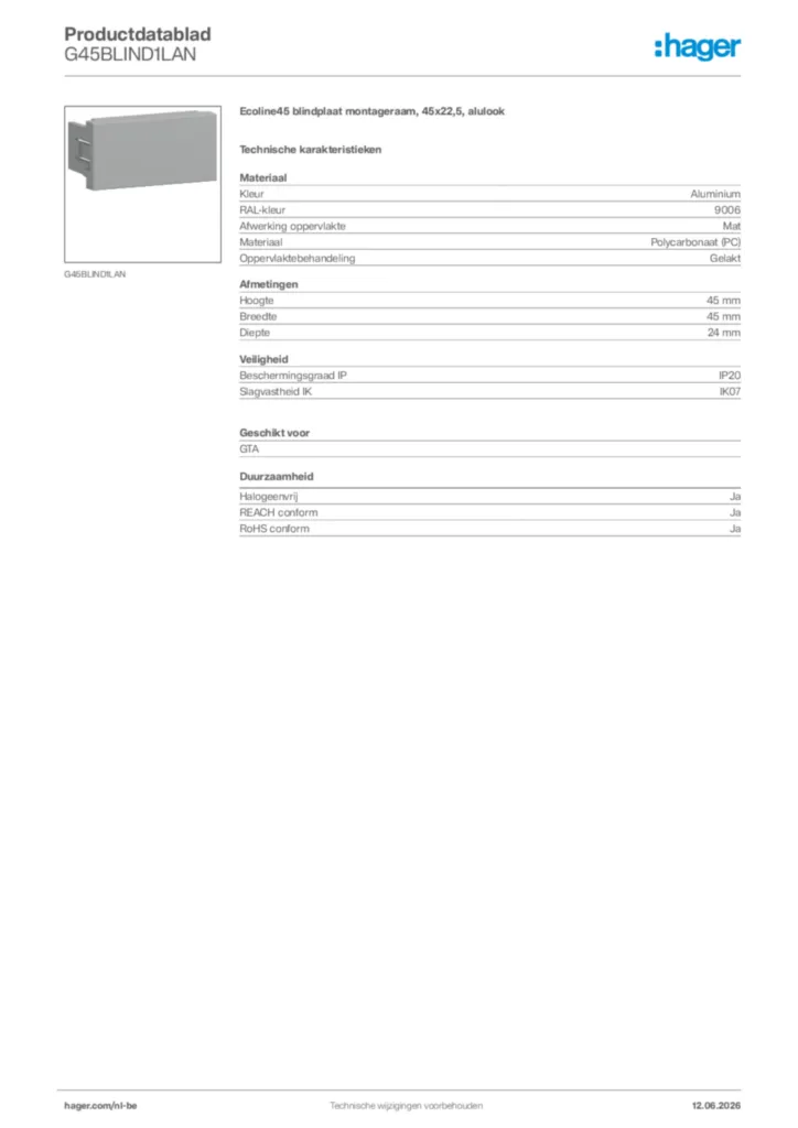 Afbeelding Hager Productdatablad G45BLIND1LAN | Hager Belgium