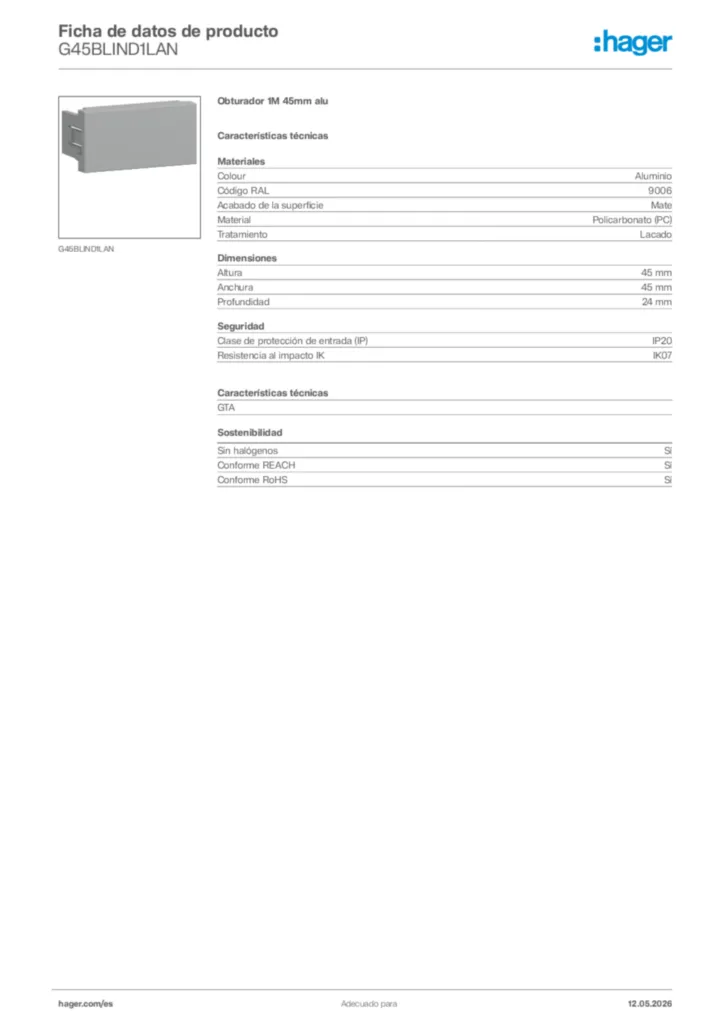 Imagen Hager Ficha de datos de producto G45BLIND1LAN | Hager España
