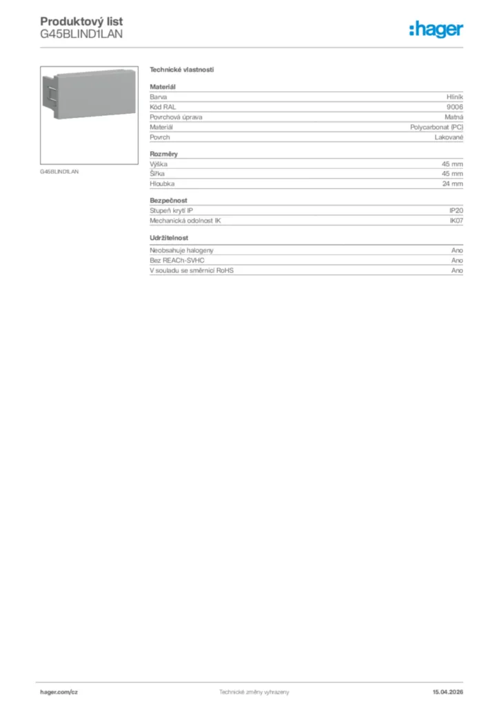 Obrázek Hager Product data sheet G45BLIND1LAN | Hager