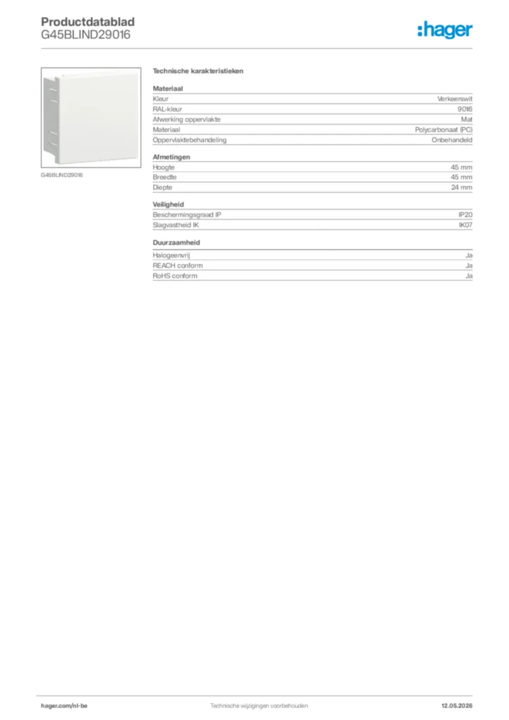 Afbeelding Hager Productdatablad G45BLIND29016 | Hager Belgium