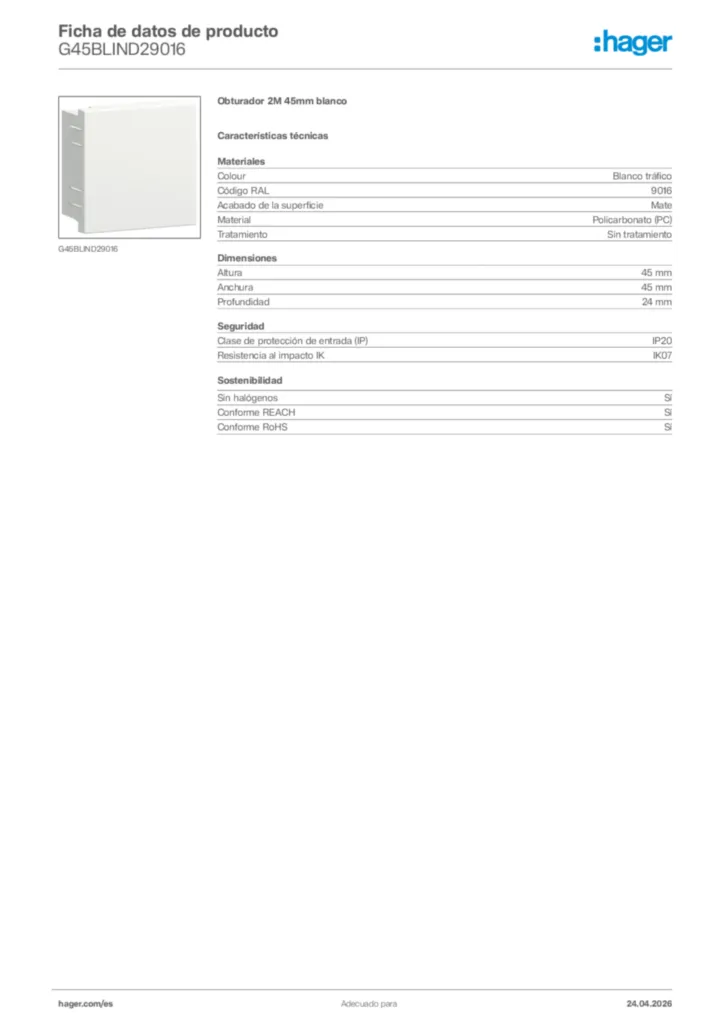 Imagen Hager Ficha de datos de producto G45BLIND29016 | Hager España