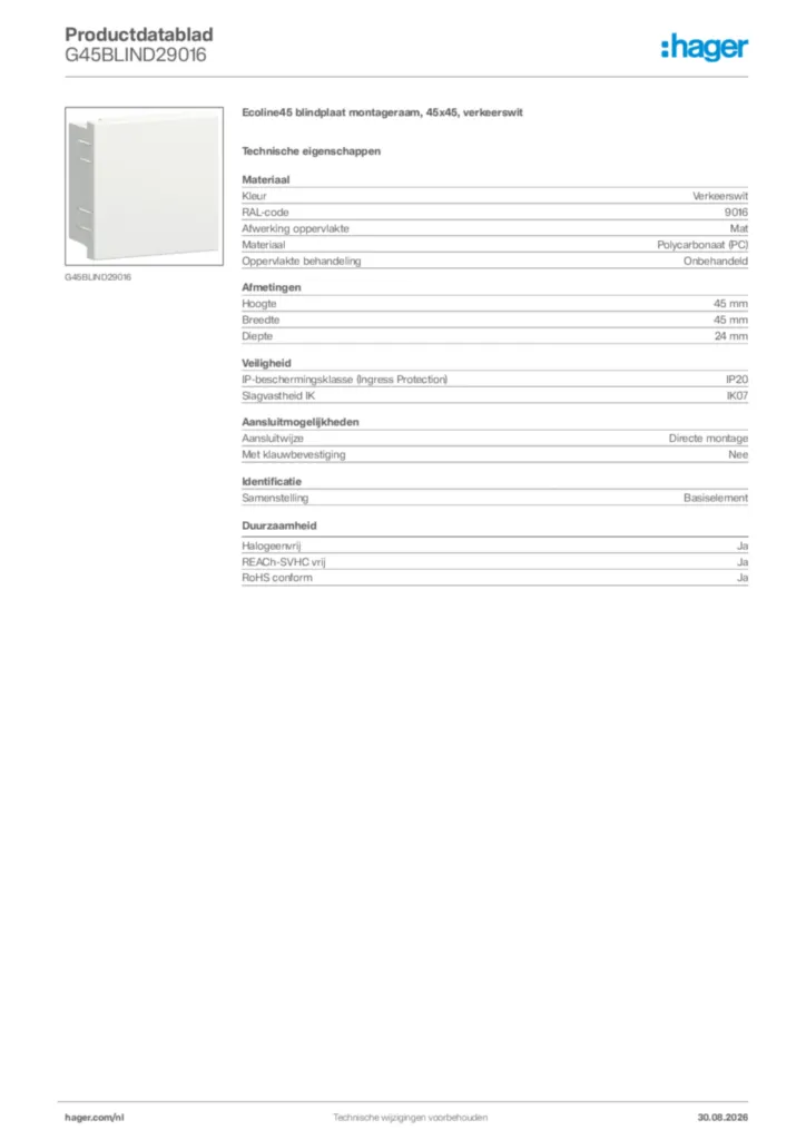 Afbeelding Hager Productdatablad G45BLIND29016 | Hager Nederland