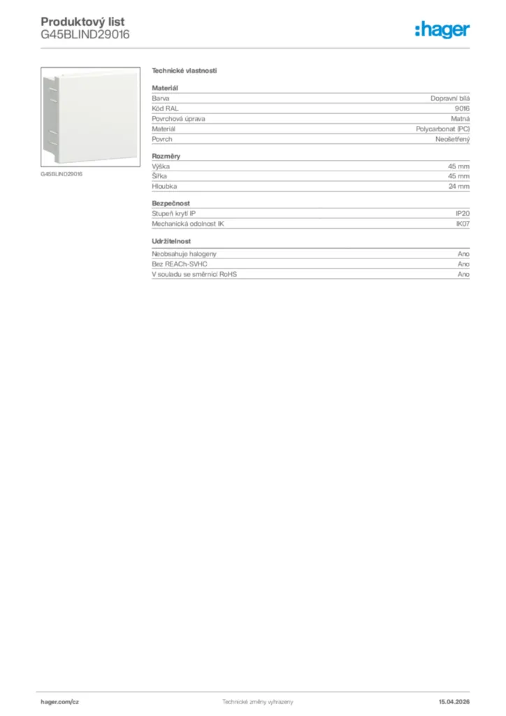 Obrázek Hager Product data sheet G45BLIND29016 | Hager
