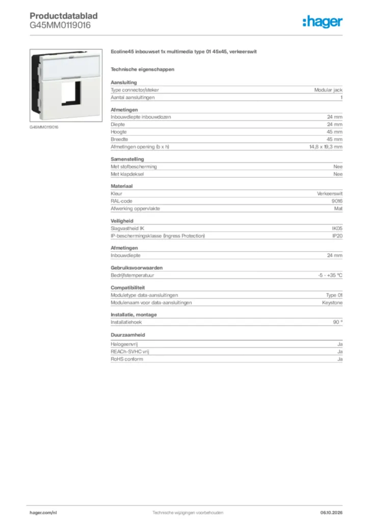 Afbeelding Hager Productdatablad G45MM0119016 | Hager Nederland
