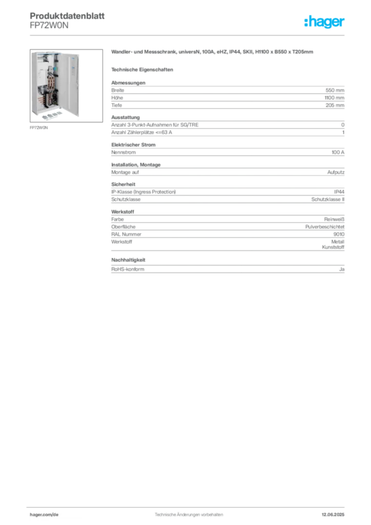 Bild Hager Produktdatenblatt FP72W0N | Hager Deutschland