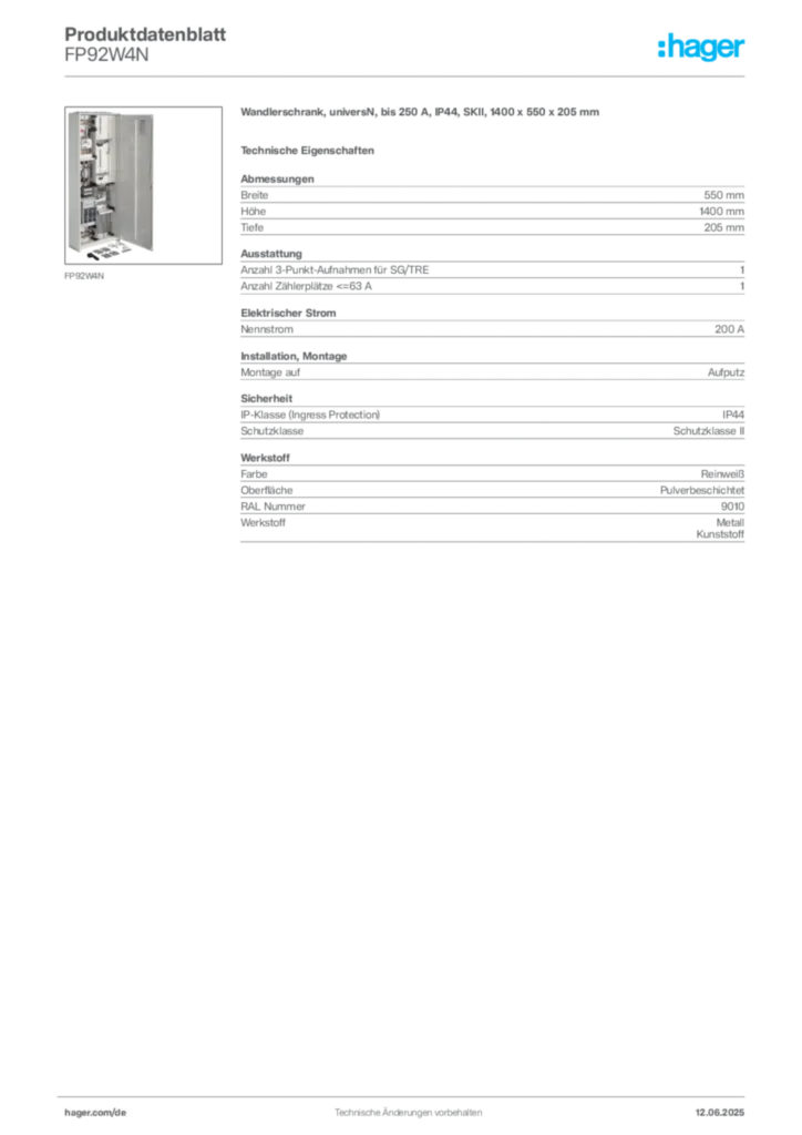 Bild Hager Produktdatenblatt FP92W4N | Hager Deutschland
