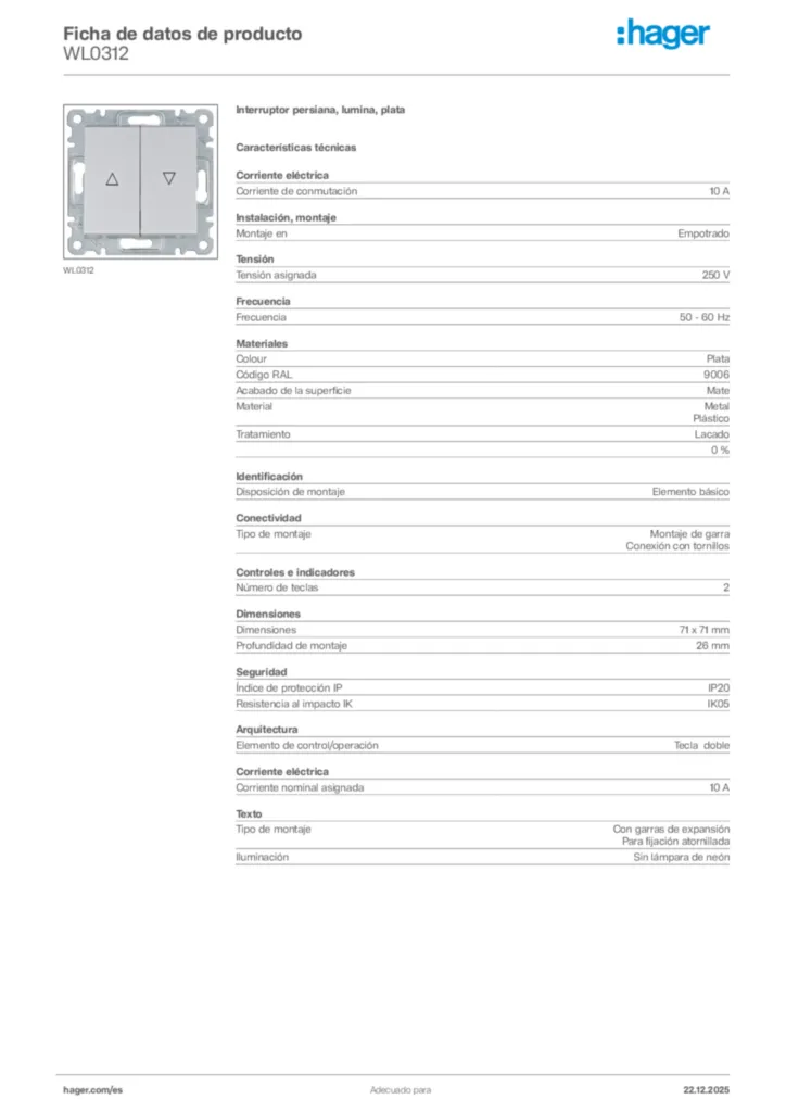 Imagen Hager Ficha de datos de producto WL0312 | Hager España