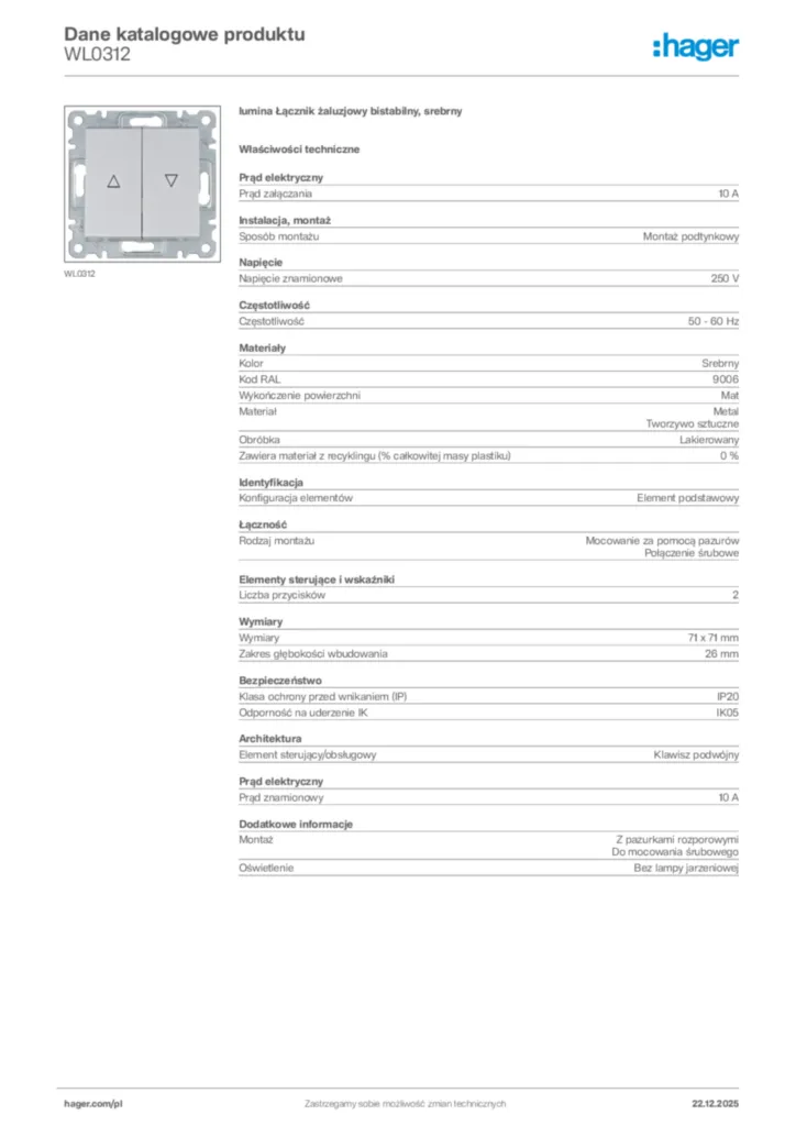 Zdjęcie Hager Dane katalogowe produktu WL0312 | Hager Polska