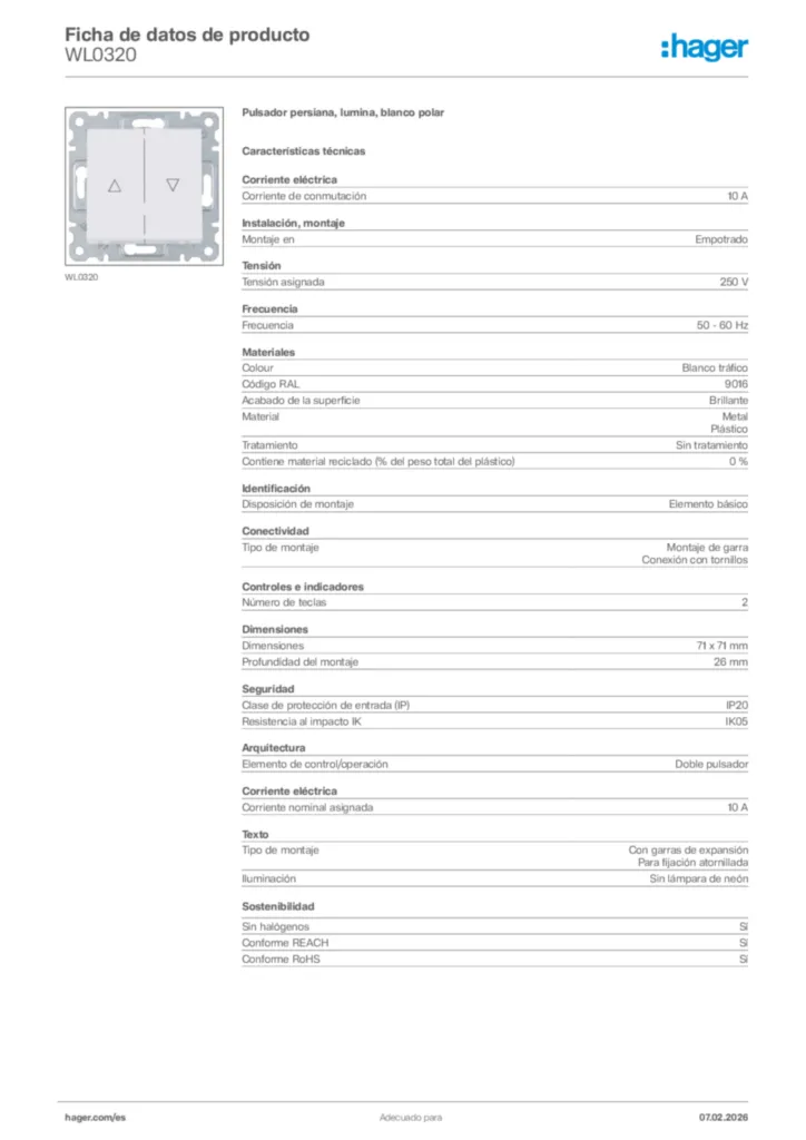 Imagen Hager Ficha de datos de producto WL0320 | Hager España