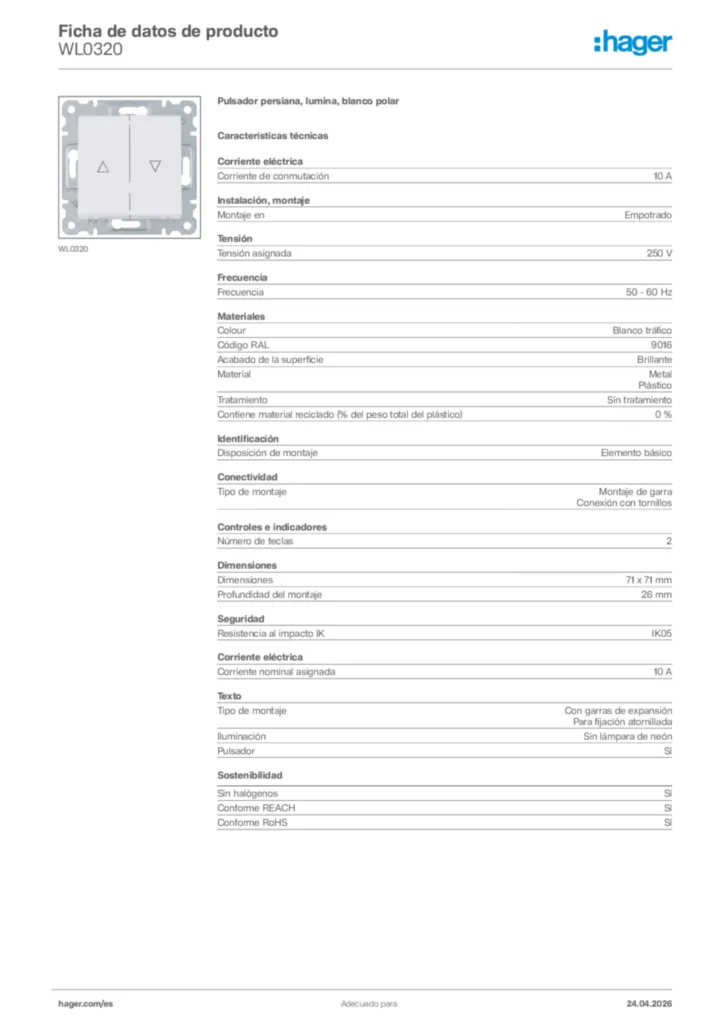 Imagen Hager Ficha de datos de producto WL0320 | Hager España