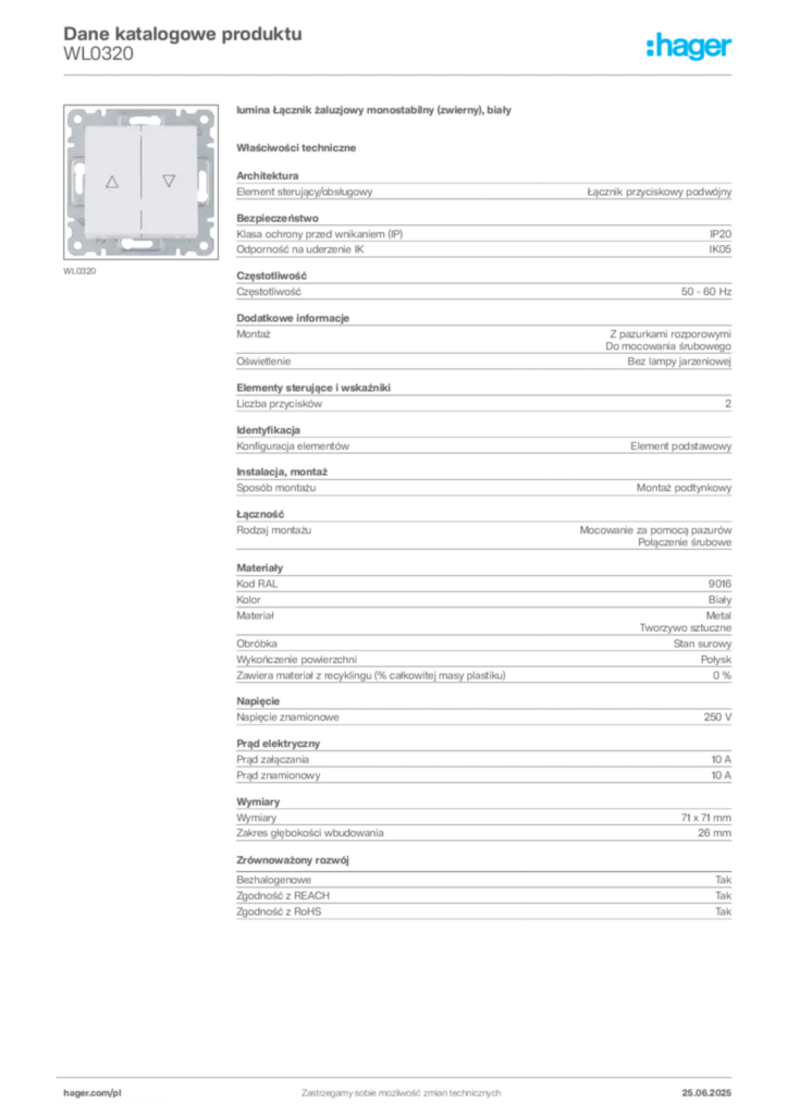 Zdjęcie Hager Dane katalogowe produktu WL0320 | Hager Polska