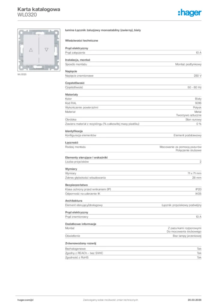 Zdjęcie Hager Karta katalogowa WL0320 | Hager Polska