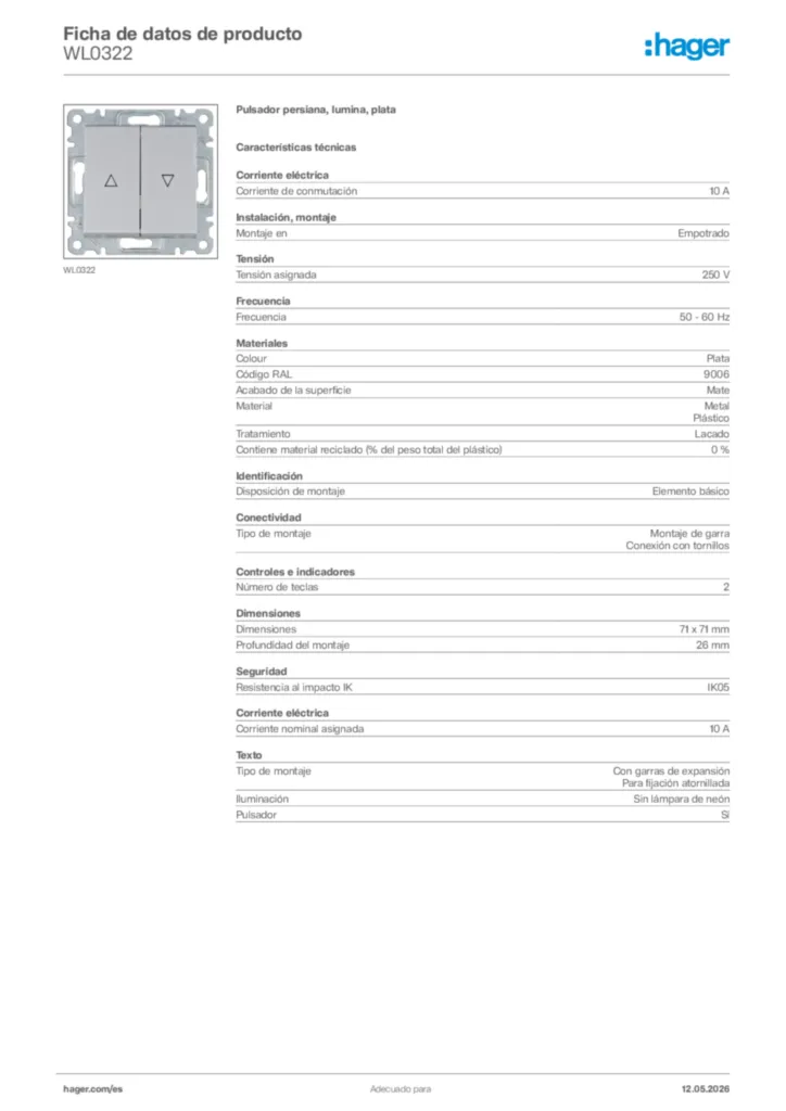 Imagen Hager Ficha de datos de producto WL0322 | Hager España