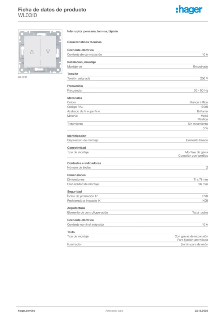 Imagen Hager Ficha de datos de producto WL0310 | Hager España