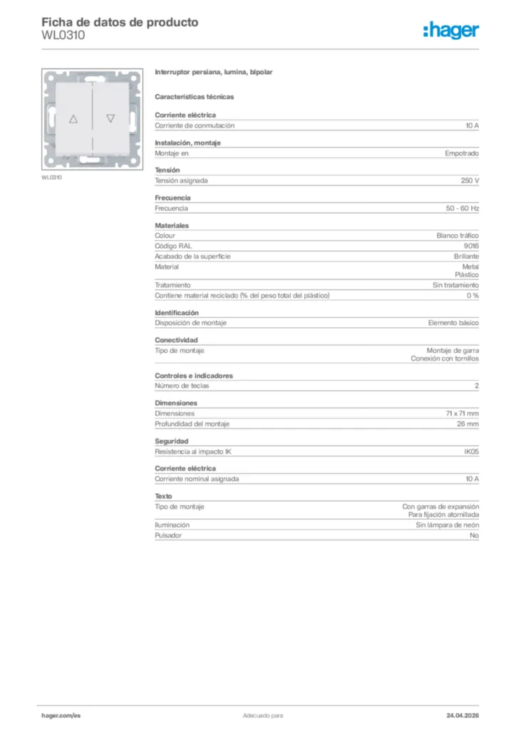 Imagen Hager Ficha de datos de producto WL0310 | Hager España