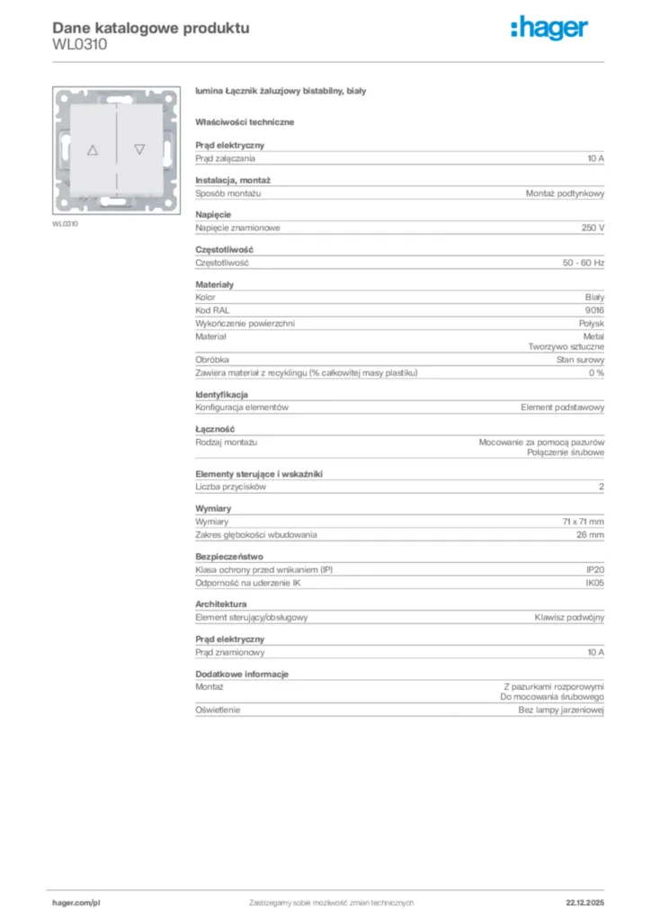 Zdjęcie Hager Dane katalogowe produktu WL0310 | Hager Polska