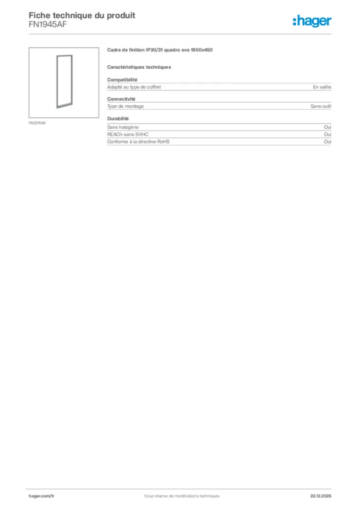 Image Hager Fiche technique du produit FN1945AF | Hager France
