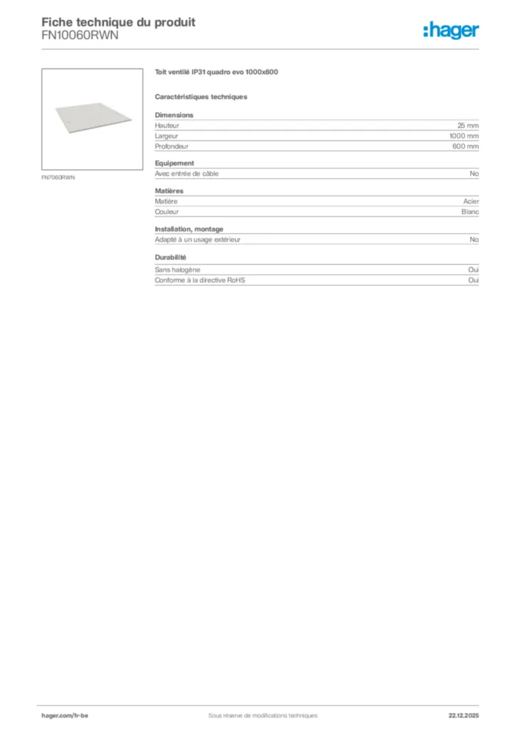 Image Hager Fiche technique du produit FN10060RWN | Hager Belgique