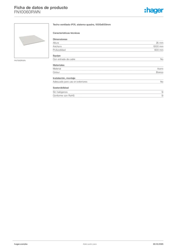 Imagen Hager Ficha de datos de producto FN10060RWN | Hager España