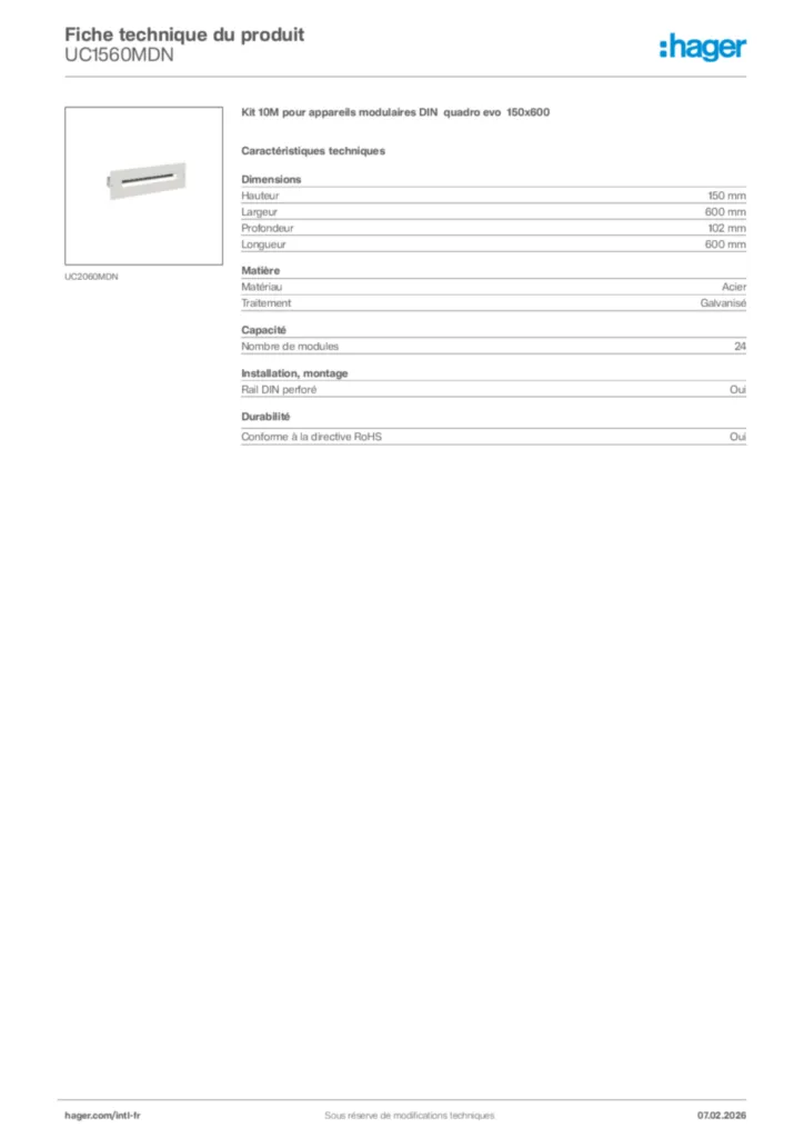 Image Hager Fiche technique du produit UC1560MDN | Hager Afrique