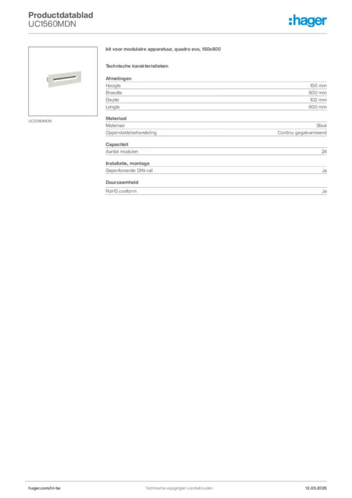 Afbeelding Hager Productdatablad UC1560MDN | Hager Belgium