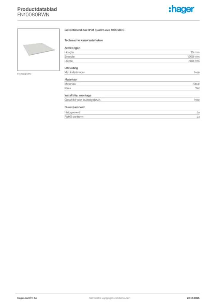 Afbeelding Hager Productdatablad FN10080RWN | Hager Belgium