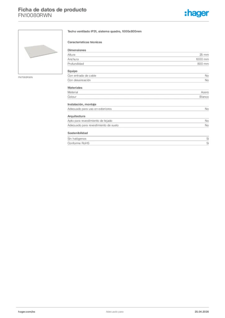 Imagen Hager Ficha de datos de producto FN10080RWN | Hager España