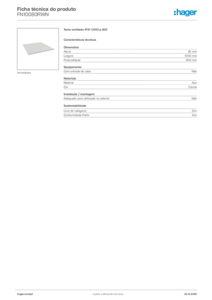 Imagem Hager Ficha técnica do produto FN10080RWN | Hager Portugal