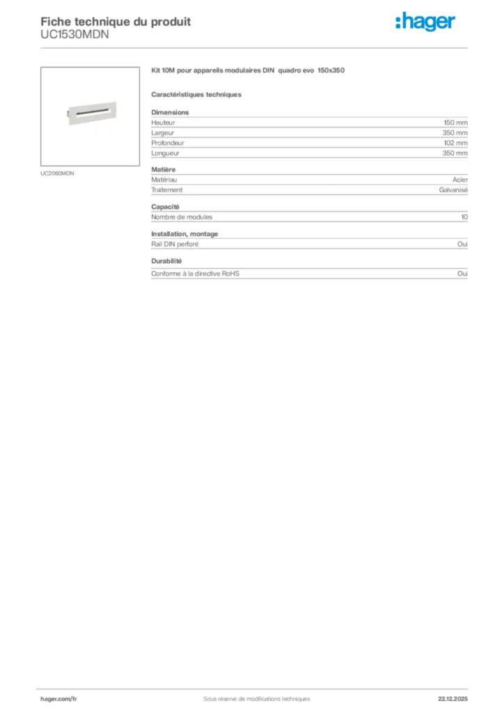 Image Hager Fiche technique du produit UC1530MDN | Hager France