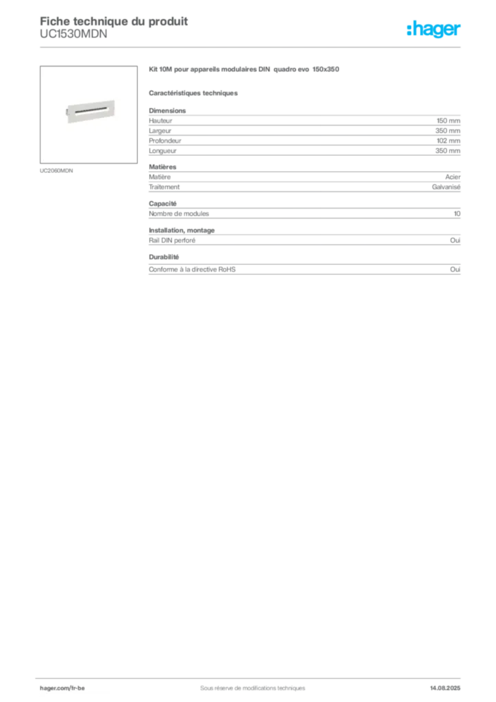 Image Hager Fiche technique du produit UC1530MDN | Hager Belgique