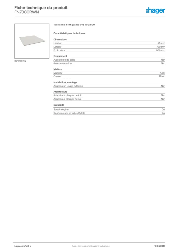Image Hager Fiche technique du produit FN7080RWN | Hager Afrique