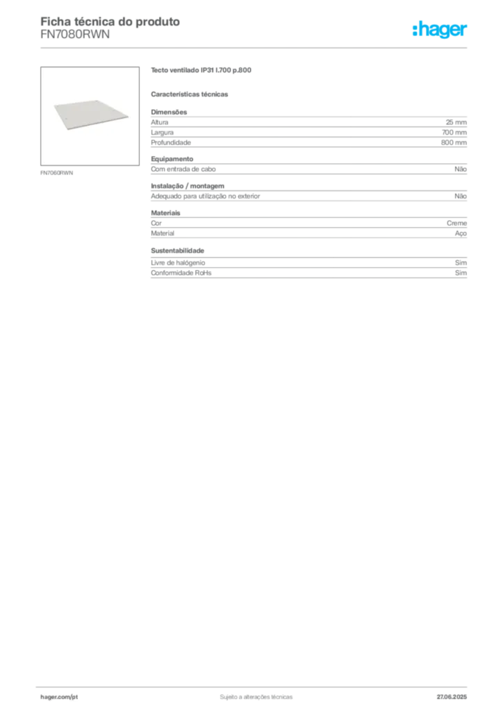 Imagem Hager Ficha técnica do produto FN7080RWN | Hager Portugal