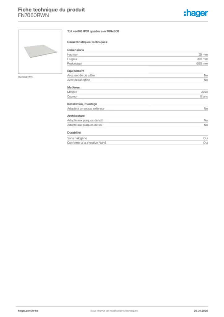 Image Hager Fiche technique du produit FN7060RWN | Hager Belgique