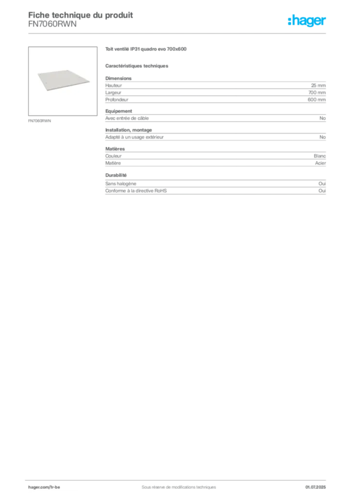 Image Hager Fiche technique du produit FN7060RWN | Hager Belgique