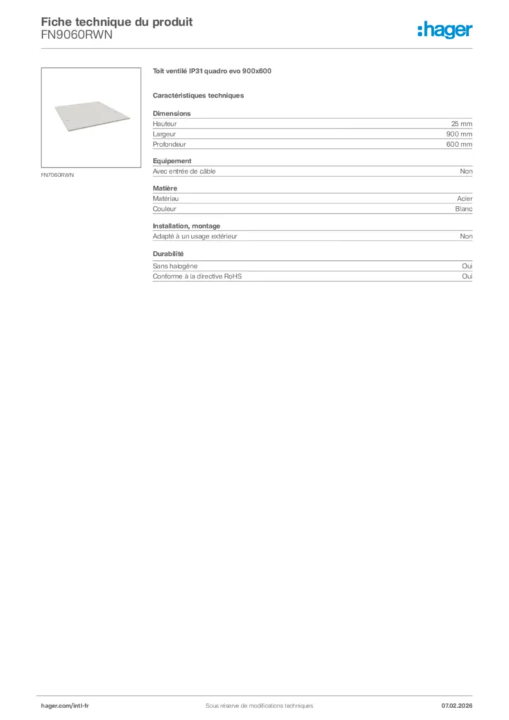 Image Hager Fiche technique du produit FN9060RWN | Hager Afrique