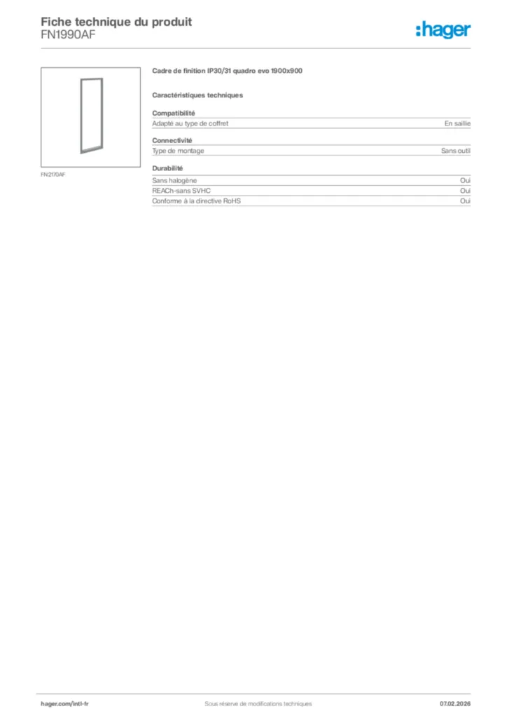 Image Hager Fiche technique du produit FN1990AF | Hager Afrique