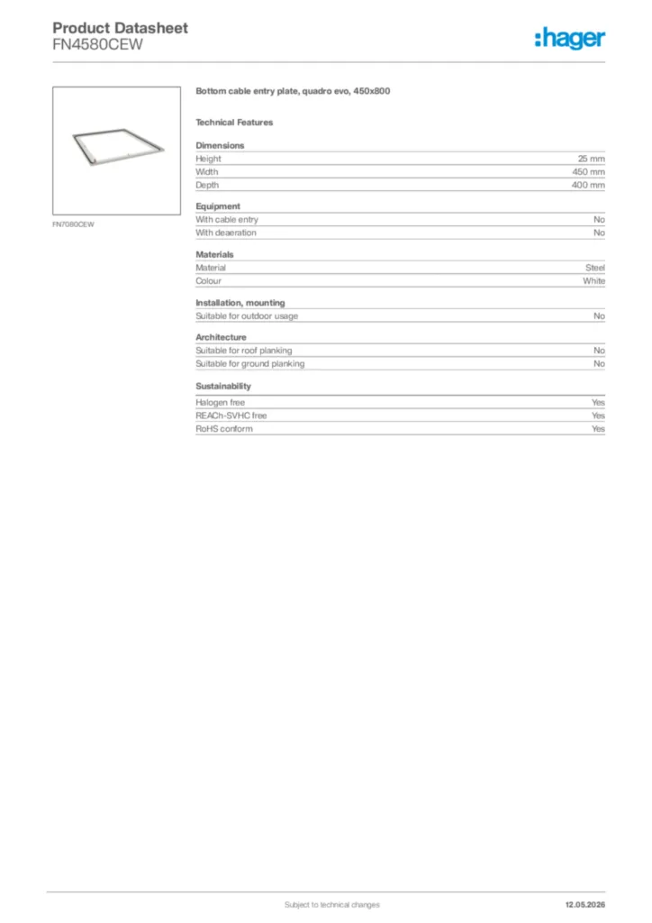 Image Hager Product data sheet FN4580CEW  | Hager Africa