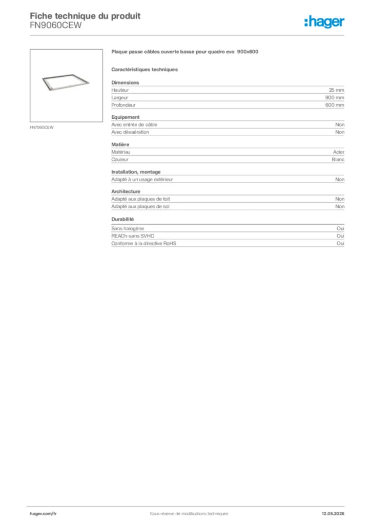 Image Hager Fiche technique du produit FN9060CEW | Hager France