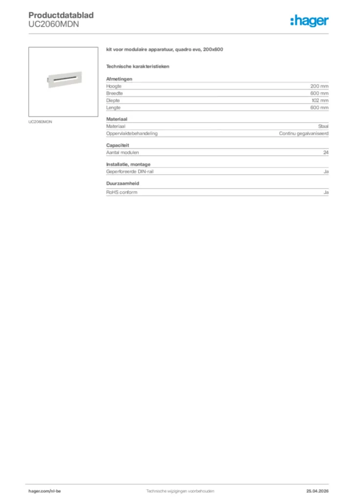 Afbeelding Hager Productdatablad UC2060MDN | Hager Belgium