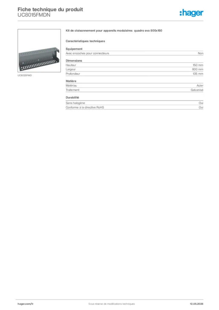 Image Hager Fiche technique du produit UC8015FMDN | Hager France