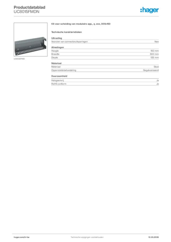 Afbeelding Hager Productdatablad UC8015FMDN | Hager Belgium