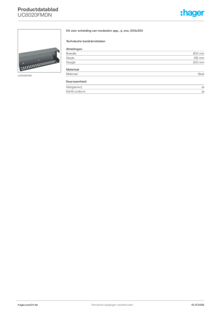 Afbeelding Hager Productdatablad UC8020FMDN | Hager Belgium