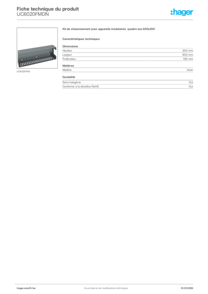 Image Hager Fiche technique du produit UC6020FMDN | Hager Belgique