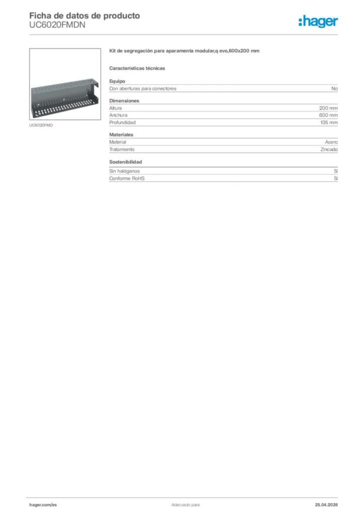 Imagen Hager Ficha de datos de producto UC6020FMDN | Hager España