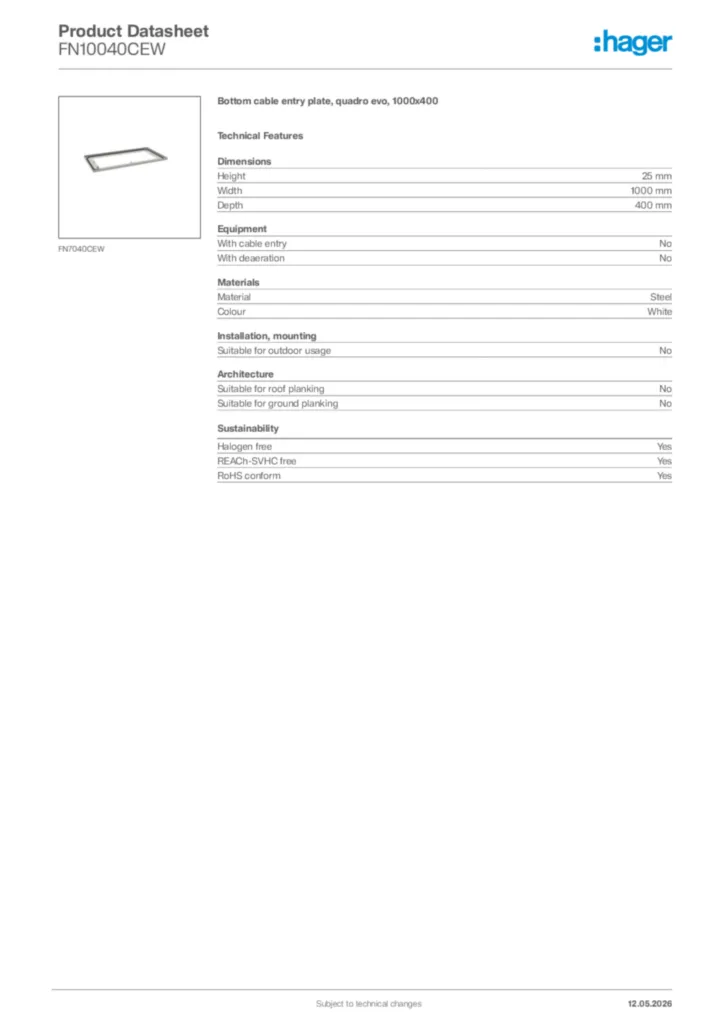 Image Hager Product data sheet FN10040CEW  | Hager Africa