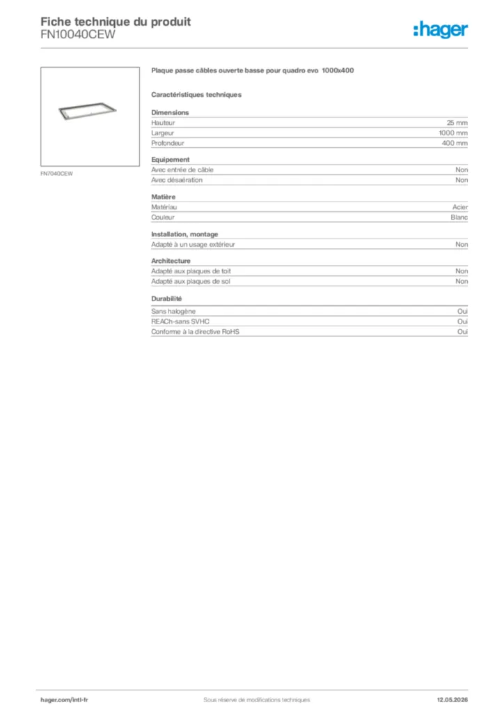 Image Hager Fiche technique du produit FN10040CEW | Hager Afrique