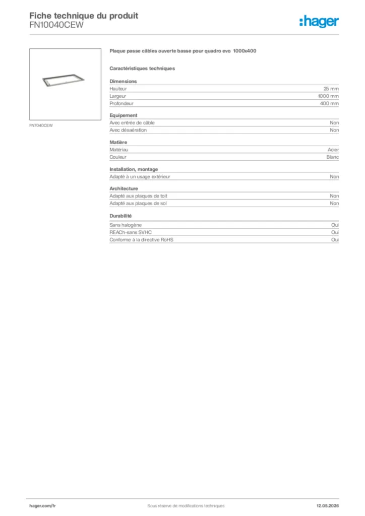 Image Hager Fiche technique du produit FN10040CEW | Hager France
