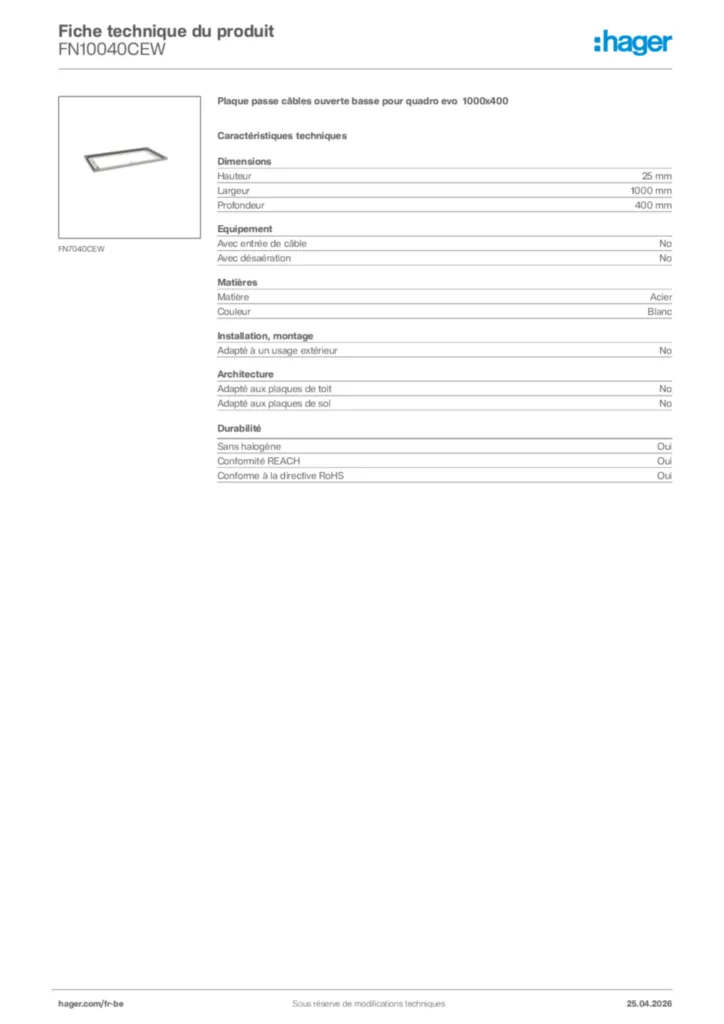 Image Hager Fiche technique du produit FN10040CEW | Hager Belgique