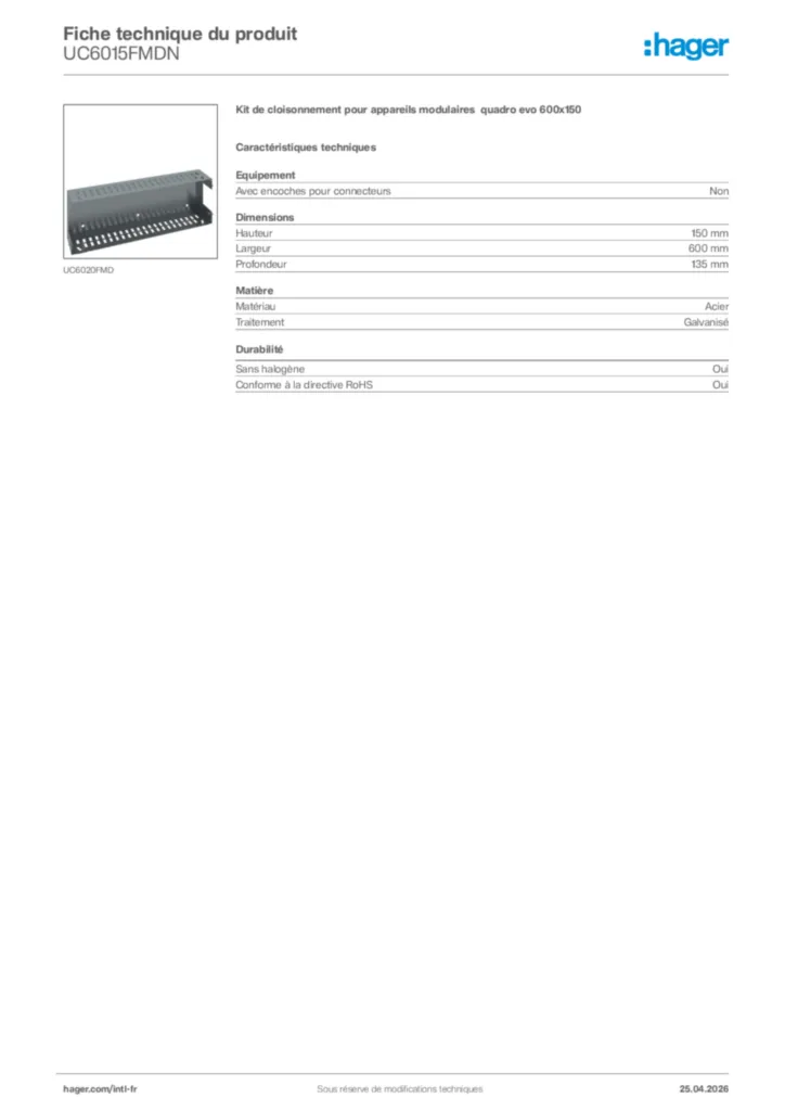 Image Hager Fiche technique du produit UC6015FMDN | Hager Afrique