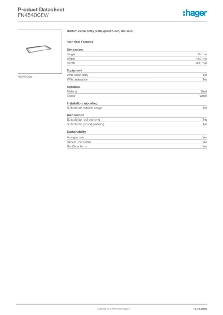 Image Hager Product data sheet FN4540CEW  | Hager Africa
